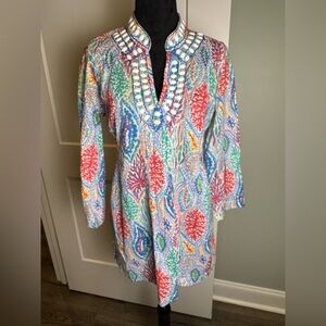 Lilly Pulitzer Women's Sarasota Beaded Tunic Top cotton 3/4 Sleeve